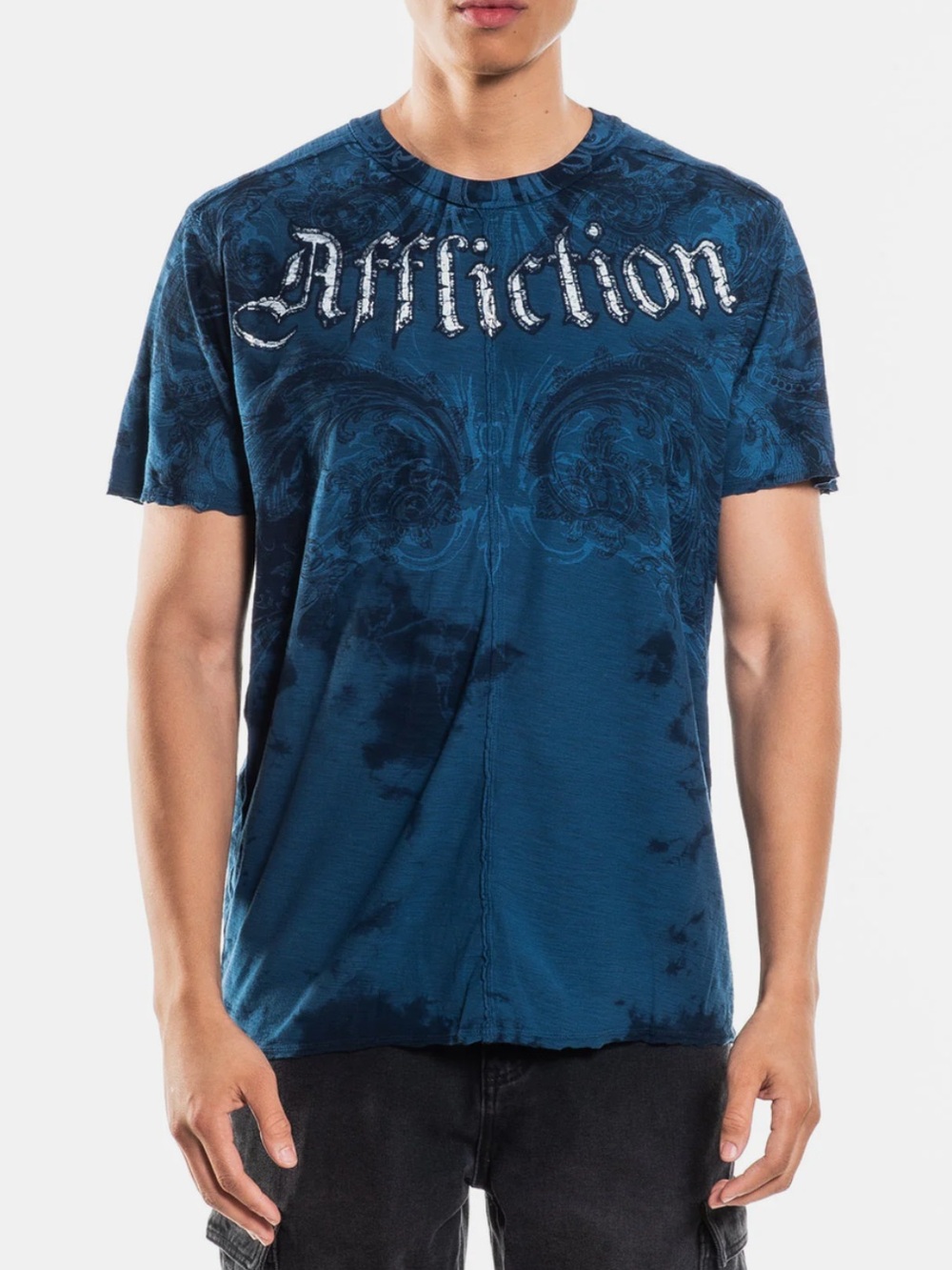 AFFLICTION Mens Detail Short Sleeve Tee Large Blue Teal Tie Dye MMA